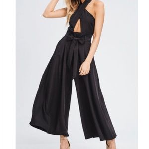 Black Crisscross Halter Wide Leg Jumpsuit - L